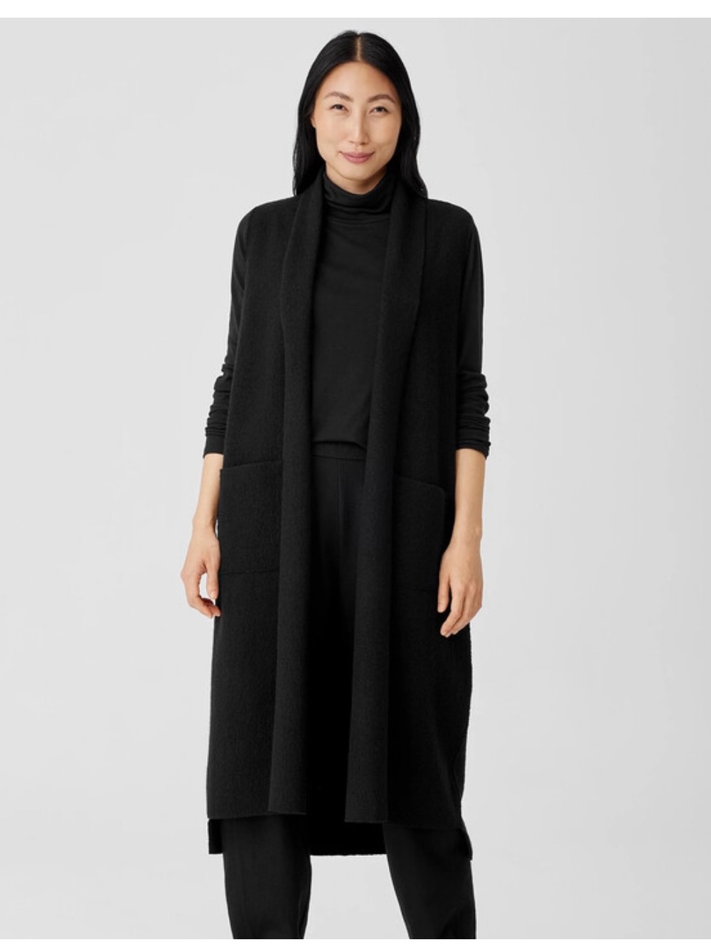 Eileen Fisher Long Open-Front Black Cardigan Coatigan